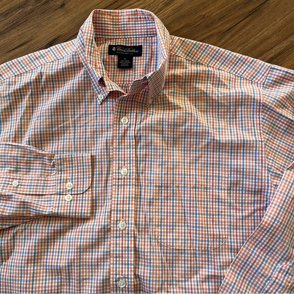 Brooks Brothers Long Sleeve Button Down Shirt Orange Blue Red Plaid Mens Size M - Picture 3 of 7